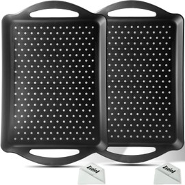 ECOIOU Non Slip Food Serving Tray with Handles, 2-Pack Rectangle Anti-Slip Non-Toxic Dishwasher Safe Tray for Snack Fruit Dessert Breakfast Drink,Black