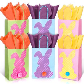 FYSUIMU 72 Pcs Easter Gift Bags with Tissue Paper and Pompoms Colorful Bunny Rabbit Goodie Candy Treat Party Favors Bags with Handles for Spring Wedding Birthday Party DIY Craft Supplies