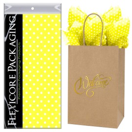 Flexicore Packaging Natural Brown Kraft Paper Welcome Bags & Yellow Gift Wrap Tissue Paper | Size: 5.25 Inch X 3.25 Inch X 8.25 Inch | Count: 5 Bags | Color: Yellow Polka Dot