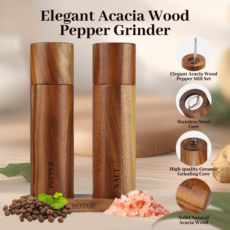 2 Pack Acacia Wood Salt and Pepper Grinder Set with