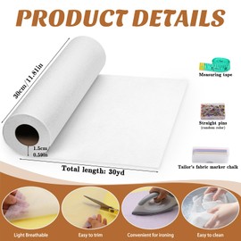 UOOU White Light Weight Fusible Interfacing for Sewing, 11.6" x 30yd Fusible Interfacing Single-Sided with Tailors Chalk, Sewing Pins for Sewing Supplies DIY Crafts