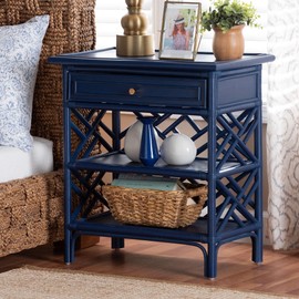 bali & pari Tiaret Natural Rattan Nightstand with Drawer and Shelves – Chippendale-Style Bedside Table for Bedroom or Coastal Living Spaces, Blue, 1-Drawer, 24-inch Wide