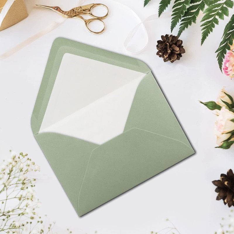 50 Envelopes in Eucalyptus (Green) with White Inner Lining –