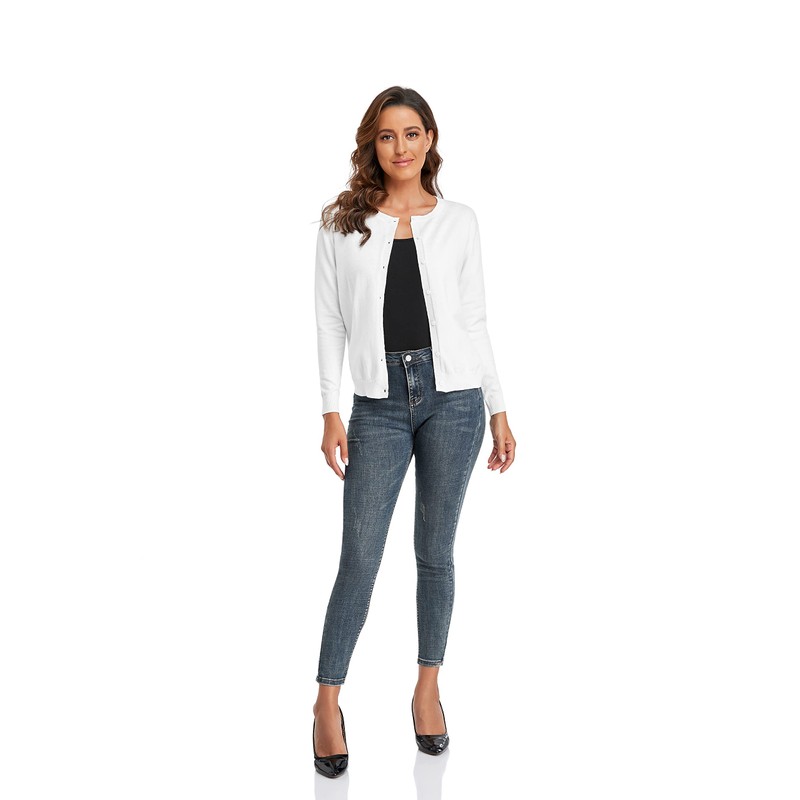 CUNYI Women's Crew Neck Cardigan, White