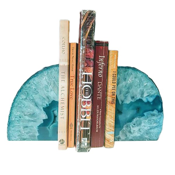 JIC Gem Teal Agate Bookends Heavy Duty Book Ends for Shelves Geode Book Ends with Rubber Bumpers for Office Décor and Home Decoration(1 Pair, 2-3 LBS)