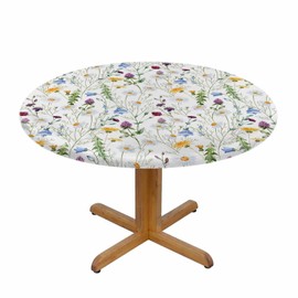 YINRON Leaf Floral Round Table Cloth Watercolor Chamomile Clover Wild Flowers Elastic Edged Table Cover Fade and Stain Resistant Table Cloths Easy to Clean Fits Tables 40-44" Diameter