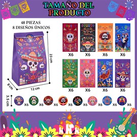 RETOLIT Bolsas de Papel de Dulces del Día de los Muertos, 48Pcs Halloween Bolsas de Caramelos para Regalo, 8 Diseños, 48 Pegatinas, Bolsas de Caramelos para Fiesta Temática de Halloween Mexicano