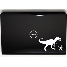 T-Rex Out for a Walk with Boy - 6 1/2" x 3 3/4" die Cut Vinyl Decal/Bumper Sticker for Windows, Cars, JDM, Trucks, Bumpers, Tool Boxes, Boats, laptops - virtually Any Hard, Smooth Surface.