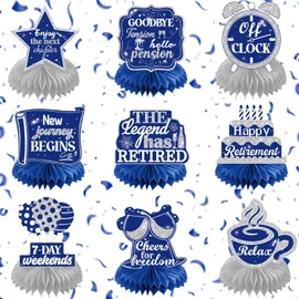 9Pcs Retirement Honeycomb Centerpieces Navy Blue & Silver - Happy Retirement Decor for Men & Women, Farewell Table Decorations for Office Goodbye, Teacher Party, Photo Booth Props