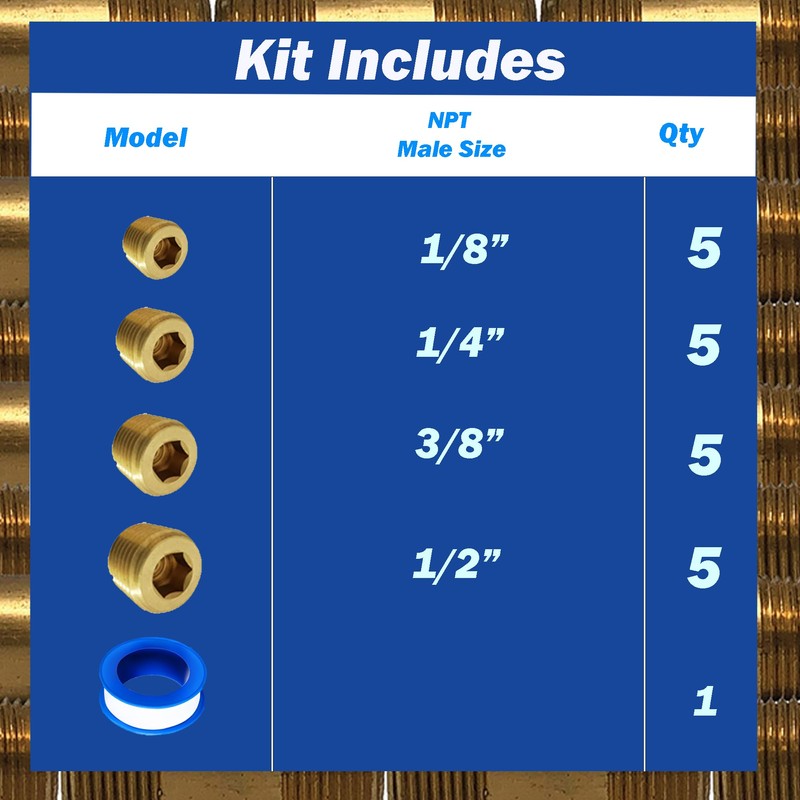 FloFlex Brass Pipe Plug Kit 21pcs, 1/8", 1/4", 3/8", 1/2"