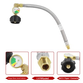 MCAMPAS 1/4" RV Propane Pigtail Hose with Gauge,12" Stainless Steel Braided Propane Hose with 1/4" Male NPT. 1/4"Inverted Male Flare for Standard Two-Stage Regulator, Camper -2 Pack