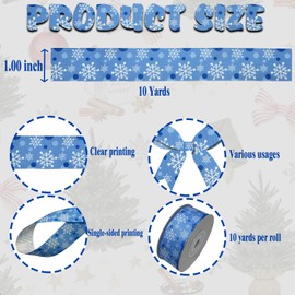 7/8 Inch 10 Yards Christmas Grosgrain Ribbon for Gift Wrapping, Blue Xmas Snowflake Craft Ribbons for Christmas Wreath Bow Decorations