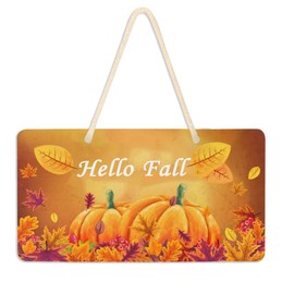Vdsrup Hello Fall Pumpkins Wall Hanging Plaque Sign Autumn Maple Leaf Thanksgiving Door Sign Plaque with Hanging String Decorative Hanging Sign for Front Door Home Yard Garden Decor 6x11 inches