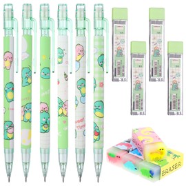 Uoeo Cute Mechanical Pencil Set for Kids- 6pcs Kawaii Dinosaur Mechanical Pencils with 4 Pcs Erasers and 0.5mm Tubes Pencil Refills for Student Writing, Drawing, Sketching, Architecture
