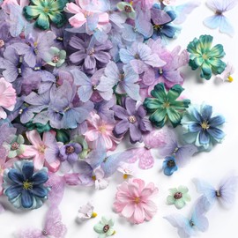 Tigeen 250 Pcs Faux Flower Heads Organza Butterfly Set Includes 200 Silk Daisy 50 Butterfly Embellishments Artificial Flowers Heads 3D Butterflies for DIY(Elegant Colors)