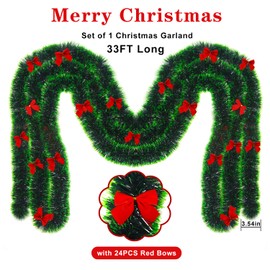 CCINEE Christmas Garland with 24 Red Bows Artificial Green Pine Garland Decor for Mantel Stairs Fireplace Home Party Decoration