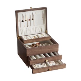 Homruilink Wooden Jewelry Box, 3 Layer Large Jewelry Organizer for Women, Jewelry Storage, for Necklaces Rings Earring Watches Bracelets, Black Walnut Wood, Valentine's Day Gift