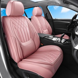 GEZHOUBA Pink Car Seat Covers Full Set, Full Coverage Luxury Leather Car Seat Protector Cover Universal Fit for Most Cars SUVs Pick-up Trucks, Pink Car Interior Accessories for Women