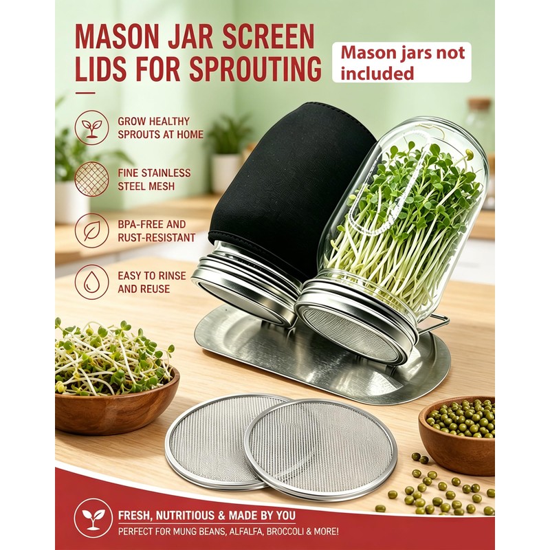 2Pack Sprouting Lids for Wide Mouth Mason Jars, Stainless Steel