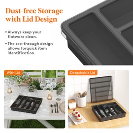 Lifewit Lifewit Silverware Organizer with Lid, Covered Utensil Tray for Kitchen Drawer and Countertop, Plastic Cutlery and Flatware Storage Box for Spoons Forks Knives Holder Case, 6 Compartments, Black