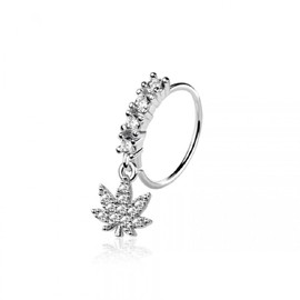 Pierced Owl 20GA 316L Stainless Steel CZ Crystal Lined Hoop with Pot Leaf Charm Bendable Nose Ring (Silver Tone)