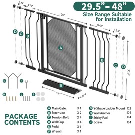 StairsFit 29.5-48" Metal Mesh Baby Gate for Stairs & Doorways - Easy Install 30.5" Tall, Auto Close, Pressure Mounted, No Drilling - Stylish Safety Gate for Kids, Door Gate for Pets, Black