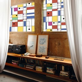 LiveInUrban Geometric Transparent Static Cling Window Film, Double-Sided Removable Decal Cling for Windows Door Glass Decor, 17.7"x122.05" Mondrian Primary Colors