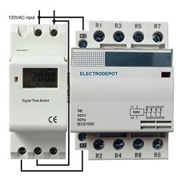Electrodepot 7 Day 24 Hours Timer. 4 Pole, N/O 60 Amps AC-1, Control 120VAC, Components in DIN Rail