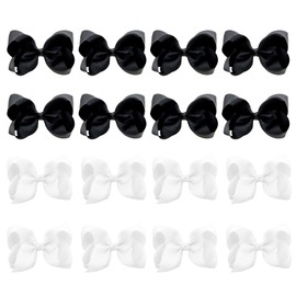 16 PCS 4" Hand-made Hair Bow Grosgrain Ribbon Solid Color Hair Bow Alligator Clips Hair Accessories for Little Teen Toddler Girls -White/Black