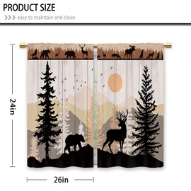 Laifzere Farmhouse Forest Cabin Kitchen Curtains Rustic Wooden Small Short Cafe Window Curtains Tree Country Deer Bear Rod Pocket Bathroom Window Drapes Treatment Tier Curtains 2 Panels (26x24 Inch)
