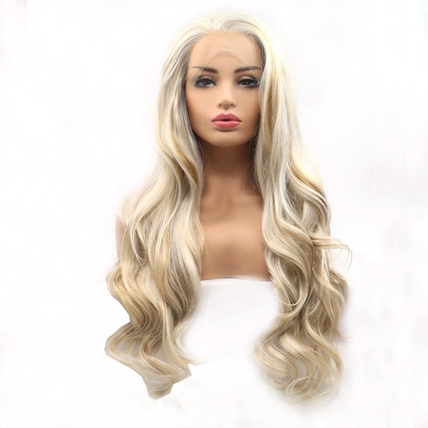 Xiweiya Long Highlight Wavy Wigs Mixed Golden Brown Synthetic Hair Wig Lace Front Heat Resistant Fiber Hair Replacement Hairpiece for Women Drag Queen 24 Inch