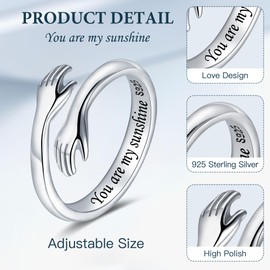 LOVECOM S925 Sterling Silver Hug Rings for Women Adjustable Hugging Hands Open Ring for Men Promise Rings Jewelry Birthday Mothers Day Gifts for Dad Mom Wife Daughters Grandma Best Friend (You are my sunshine, US Size 6)