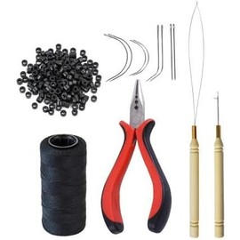 Hair Extensions Tool Kit: 200 count  Lined  Links Beads, 1 Three Hole Hair Pliers, 1 Roll Sewing Thread, 1 Loop  Threader, 1 Pulling Hook , 8 Sewing  (Dark Brown) - Color: Black