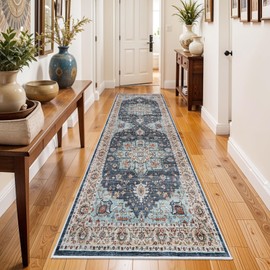 Washable Oriental Hallway Runner Rug - 3x8 Rugs for Living Room Soft Carpet for Bedroom Kitchen Waterproof Floral Distressed Indoor Stain Resistant Non-Shedding Floor Carpets (Blue/Teal/Orange, 3X8)