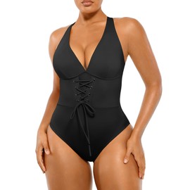 SHAPELLX Women's One Piece Slimming Swimsuits for Women V Neck Swimwear with Push Up and Tummy Control Black XL