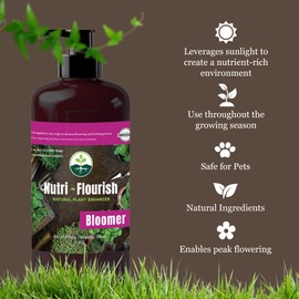 Nutri Flourish Bloomer - Liquid Plant Enhancer | Natural Garden Soil Fertilizer | Biological Nutrients for Gardening & Potting | Photosynthetic Bacteria to Boost Flowering and Fruiting Plants, 16 Oz