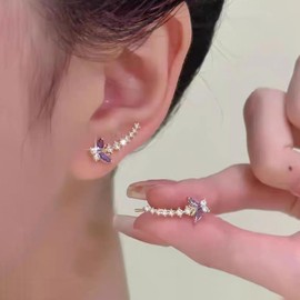 Cybche Boho Purple Crystal Butterfly Earrings Rhinestone Ear Climber Earrings Gold CZ Crawler Earrings Purple Butterfly Stud Earrings Wedding Cubic Zirconia Earrings Jewellery for Women, Zinc, No