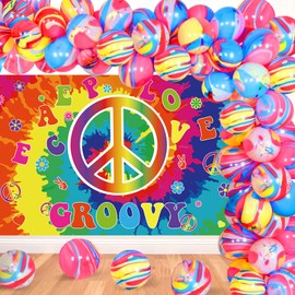 JOYMEMO 60s Hippie Theme Party Decorations, 1960s Groovy Photo Background, Tie Dye Balloons Garland Bow Kit for Retro 60s, Woodstock Party Decor Background