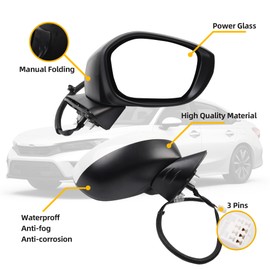 Dasbecan Passenger Right Side Mirror Compatible with 2022-2025 Honda Civic With Power Glass, Manual Folding, Match to Platinum White Pearl Replaces# HO1320350 76208T20A01 (3Pins)