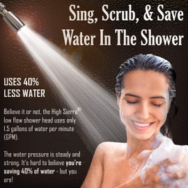 High Sierra's All Metal 1.5 GPM High Efficiency Low Flow Showerhead. Available in: Chrome, BRUSHED NICKEL, Oil Rubbed Bronze or Polished Brass