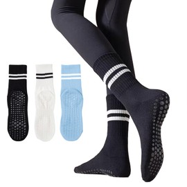 RubyRunk Womens Pilates Socks Non Slip Yoga Socks Non Slip Long Socks for Pure Barre, Ballet,Dance Workout 3 Pack (US, Alpha, One Size, Regular, Regular, Black + White + Blue)