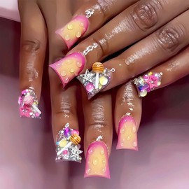 Lomxene Duck Nails Press On Medium Duck Fake Nails Acrylic Nails 3d Candy stars Nails Press Ons wave Glue On Nails Press on Nails Pink Ombre Artificial Nails For Woman 24pcs(Duck Pink)