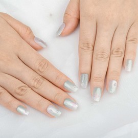 SETHEXY Ultra Short Ballet Nails Press-On False Nails Cat Eye Artificial Nails Trapezoidal Shape Stick On Nails Pack of 10 False Nails Designed for Women and Girls (Green 1, L)