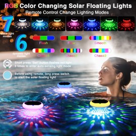 QOLNBY Solar Pool Lights, USB Rechargeable Floating Pool Lights, 6.69 Inch IP68 Waterproof 6 Dynamic Modes Upper and Lower Color Changing 2600mAh Hangable Floating Light with Remote for Garden 4 Pack
