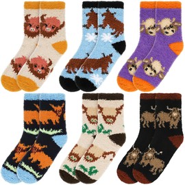 Skicuff 6 Pairs Highland Cow Fuzzy Socks Bulk Slipper Warm Sleeping Socks for Women Men Christmas Winter Holiday Gift