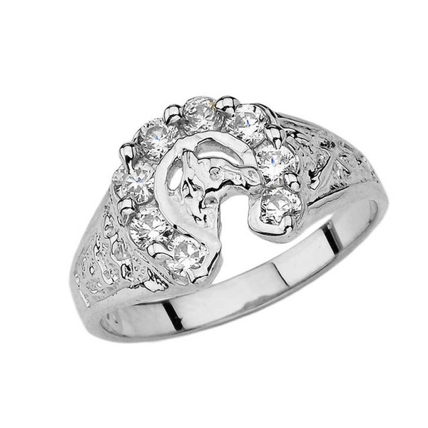 Lucky Horseshoe Ring with CZ in Solid Sterling Silver (Size