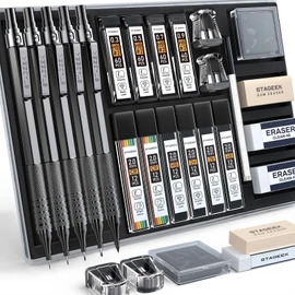 STAGEEK 21pcs Metal Mechanical Pencils Set, Art Pencils 0.3, 0.5, 0.7, 0.9, 2mm Lead Holders (HB, 2H, 2B, 4B, Color) 10 Graphite Lead Refill Tube and Eraser with Case for Drafting, Drawing and