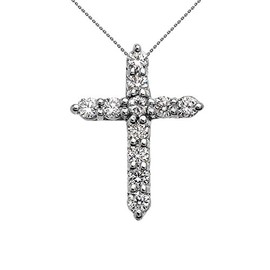 Elegant Sterling Silver 1 Carat Round Cubic Zirconia Cross Pendant Necklace, 16"