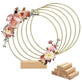 Worown Worown 6 Pack 12 Inch Metal Floral Hoop Centerpiece with 6 Pack Wooden Stand for Table, Gold Metal Rings for Making Wedding Table Wreath Decor, Wall Hanging Wreaths and Dream Catcher Crafts