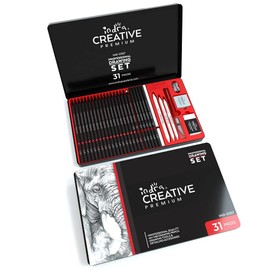 Indra 31 Lápices de Dibujo Profesionales Kit de Herramientas de Arte con lápices de grafito, lápices de carboncillo, birlos de papel borrable, goma de borrar, sacapuntas de manualidades